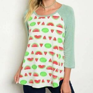 Le Lis Watermelon‎ Tee, 3/4 Sleeve Green & White Top, Size - Medium